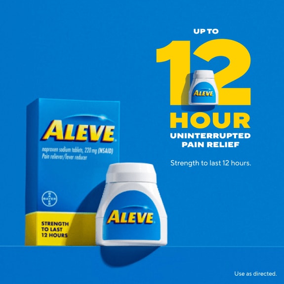 A bottle and box for Aleve against a blue background, text reads “UP TO 12 HOURS OF UNINTERRUPTED PAIN RELIEF”