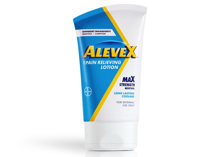 white, blue and yellow tube of AleveX™ pain relieving lotion