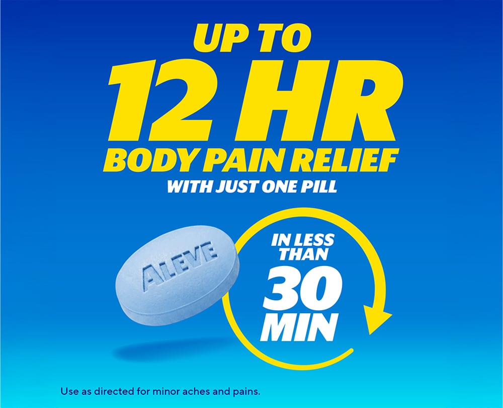 Aleve® graphic highlighting up to 12 hours of body pain relief with one pill and relief in less than 30 minutes.