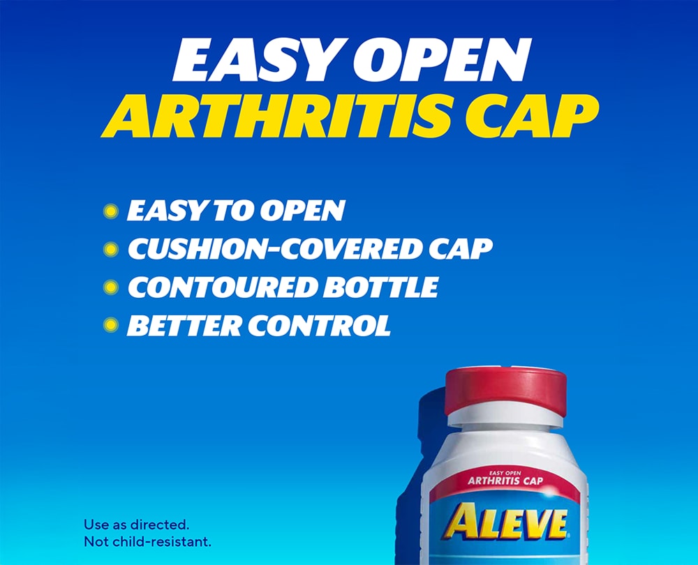 Aleve® Easy Open Arthritis Cap graphic highlighting easy opening, cushioned cap, and contoured bottle design.