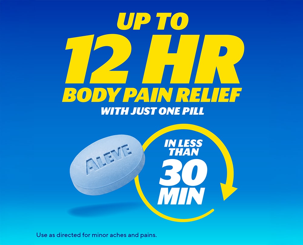 Aleve® graphic highlighting up to 12 hours of body pain relief with one pill and relief in less than 30 minutes.