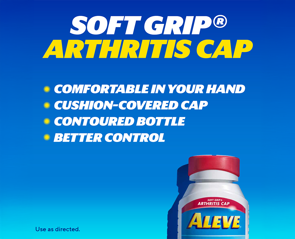 Aleve® Easy Open Arthritis Cap graphic highlighting easy opening, cushioned cap, and contoured bottle design.