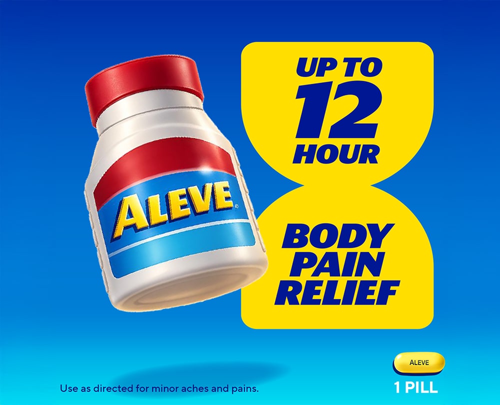 Aleve® bottle with red cap and text highlighting up to 12 hours of body pain relief from one pill.