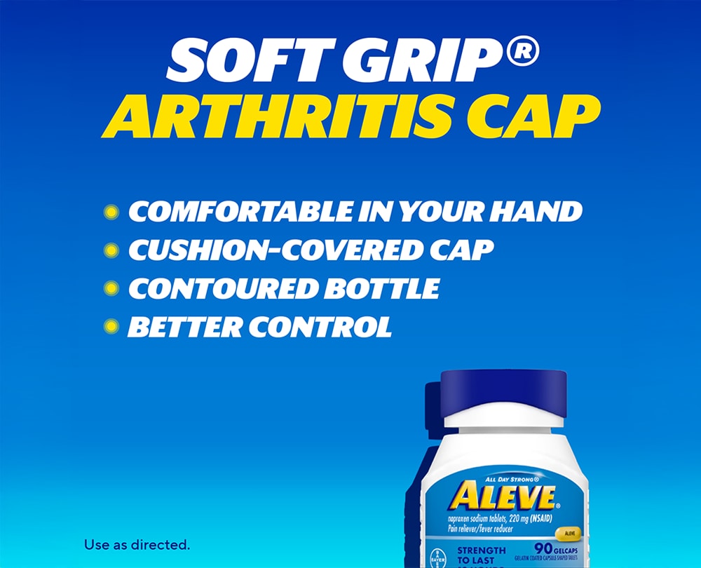 Aleve® Soft Grip Arthritis Cap graphic highlighting easy opening, cushioned cap, and contoured bottle design.