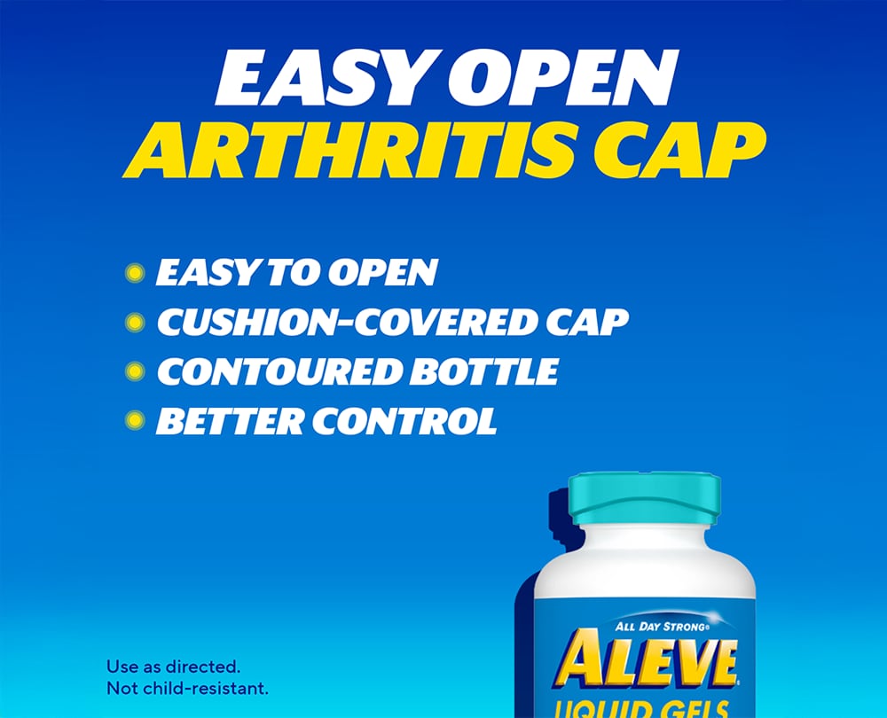 Aleve® Easy Open Arthritis Cap graphic highlighting easy opening, cushioned cap, and contoured bottle design.