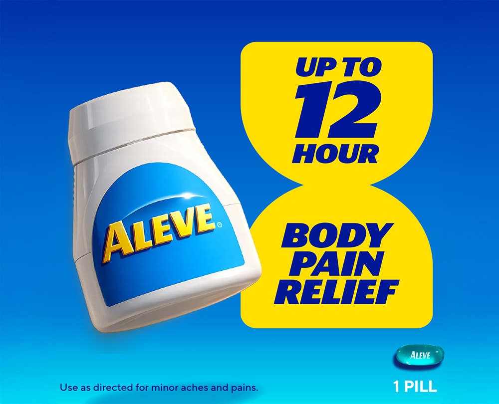 Aleve® bottle with text highlighting up to 12 hours of body pain relief from one pill.
