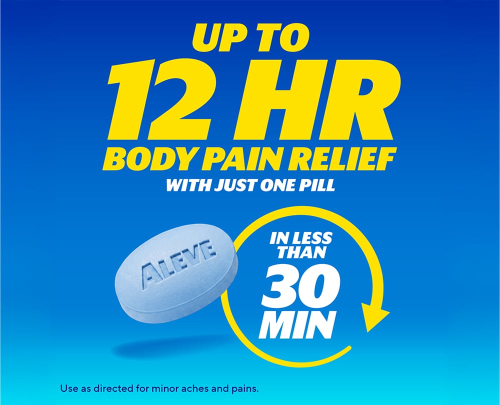 Aleve® graphic highlighting up to 12 hours of body pain relief with one pill and relief in less than 30 minutes.