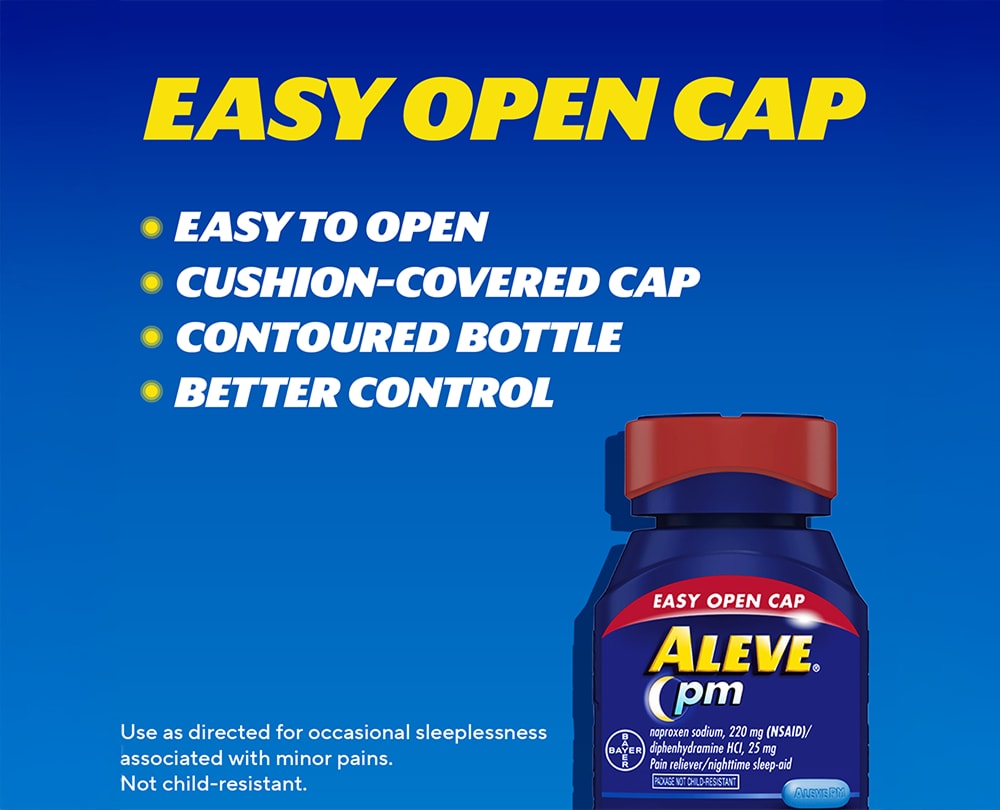 Aleve® PM bottle with an easy-open cap, highlighting a cushioned cap, contoured bottle, and better control.