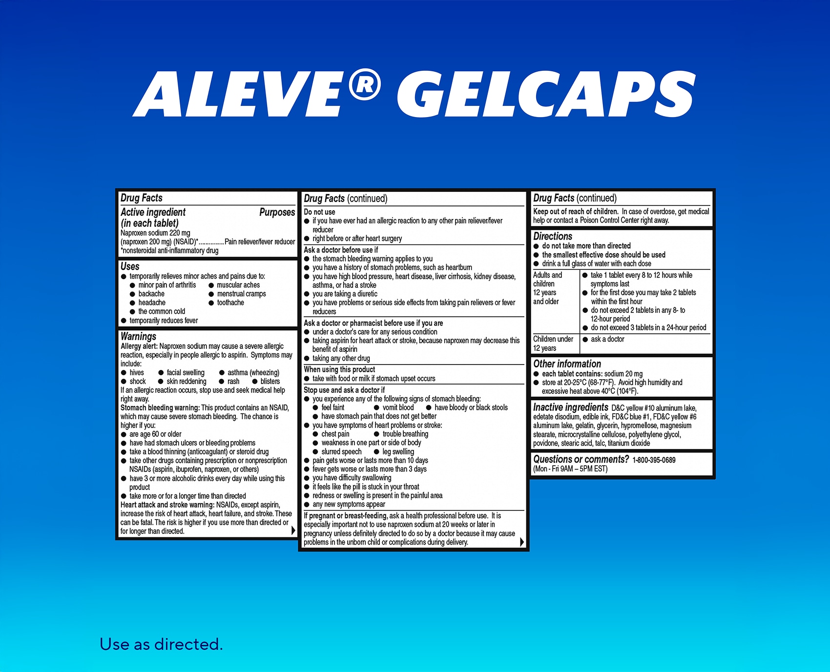 Drug Facts label and product information for Aleve® Gelcaps.