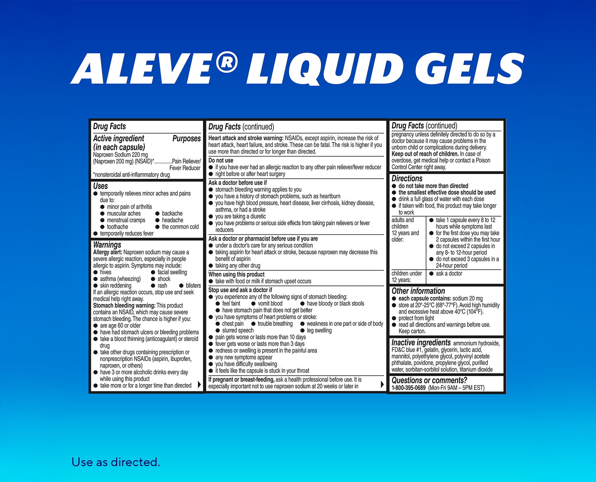 Drug Facts label and product information for Aleve® Liquid Gels.