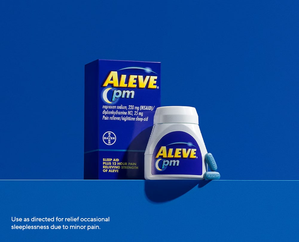 blue background with packages of Aleve® PM 
